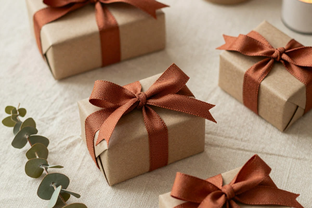 AI-generated photo of small gifts wrapped in kraft paper and terracotta ribbon on a linen table