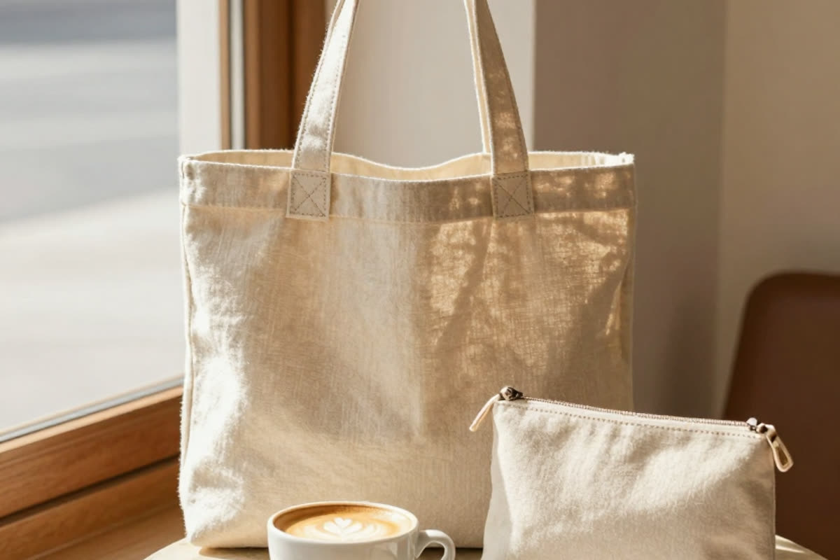 AI-generated photo of a linen tote bag and a small pouch on a cafe table
